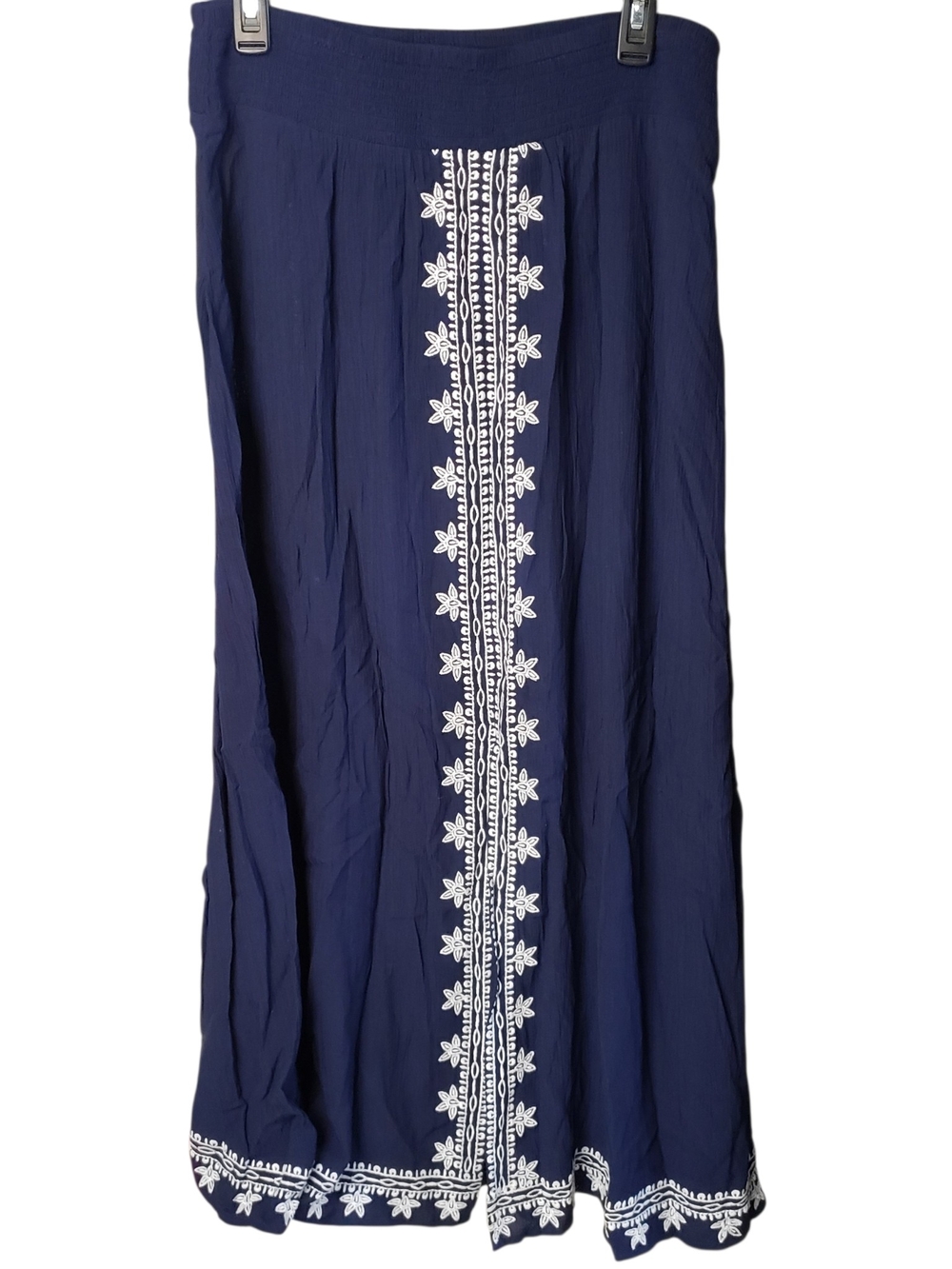 NWT Soft Surroundings Women's Navy Maxi Skirt with White Embroidered Trim Size M